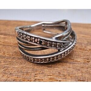 SUN Designer Black & White Diamond 925 Wave Multi Strand Band Ring Size 4 3/4